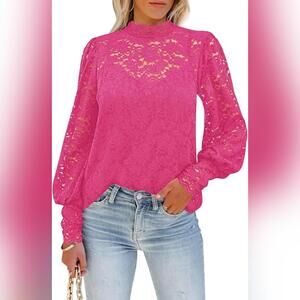 NWT DOROSE Casual Lace Floral Long Sleeve Blouse, Pink, XL